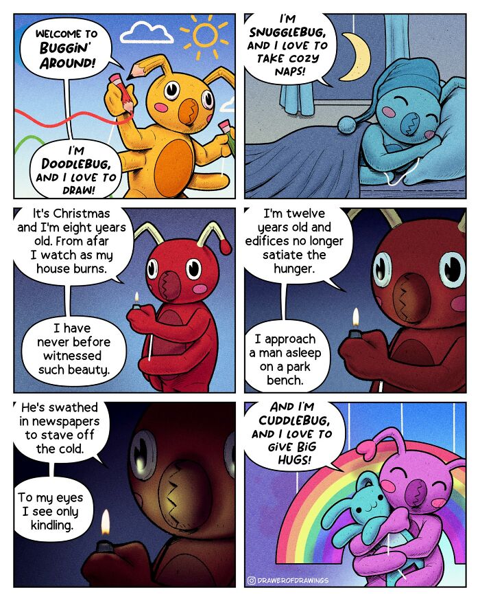 Absurd comic strip with colorful bug characters sharing quirky stories and emotions to lift spirits in a whimsical style.