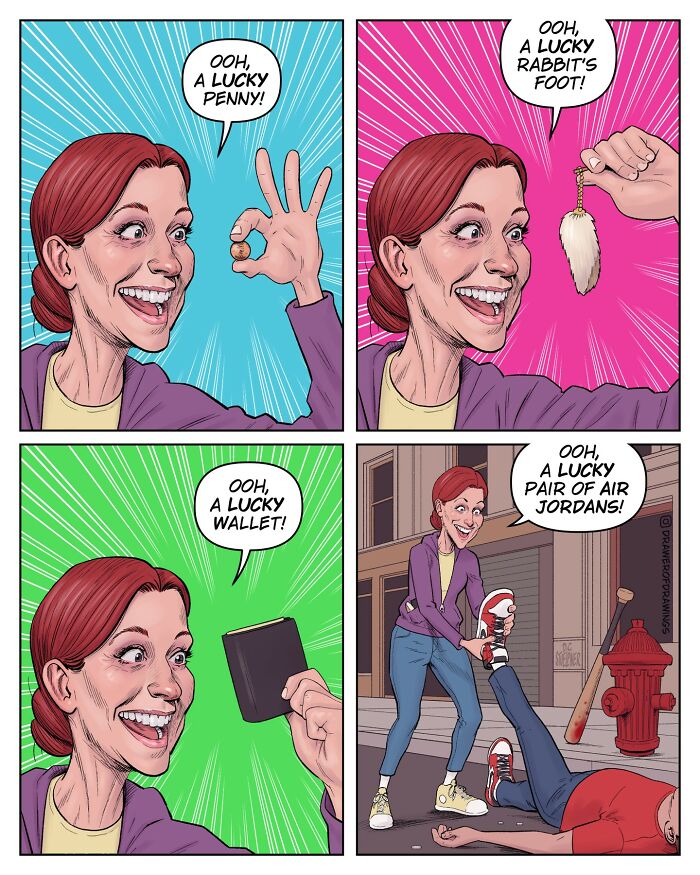 Woman excitedly finds absurd lucky items including penny, rabbit's foot, wallet, and Air Jordans in a humorous comic strip.