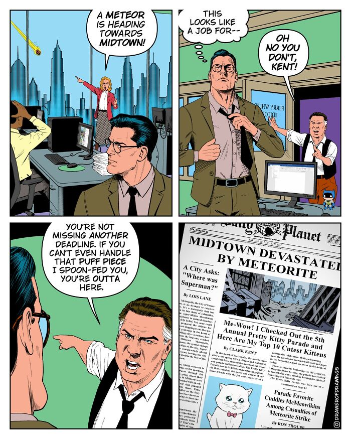 Absurd comic panels showing a meteor heading towards Midtown and chaotic office reactions in a humorous comic style.