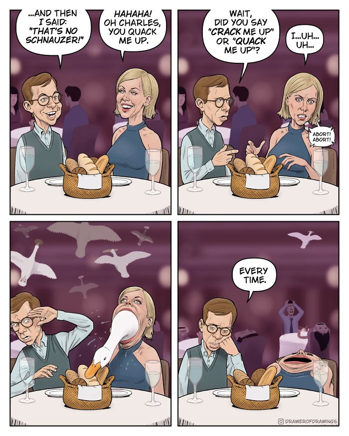 Couple at a dinner table in a comic strip where a woman is humorously quacked by a duck, a surreal absurd comic scene.