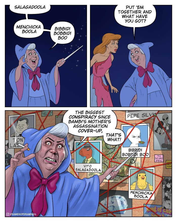 Comic panels showing a humorous conspiracy theory scene with a fairy godmother character in absurd comics to lift spirits.