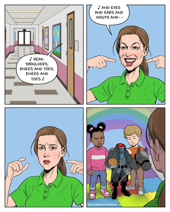 Comic strip shows a woman teaching a kids' song but kids react confused to a headless character, featuring absurd comics humor.