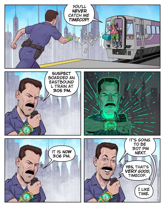 Absurd comic strip featuring a timecop chasing a suspect on a train, using a futuristic time device with humor.