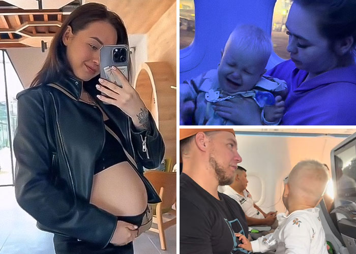 Collage of a pregnant woman taking a mirror selfie and parents with young children, highlighting celebrity awful parenting concerns.