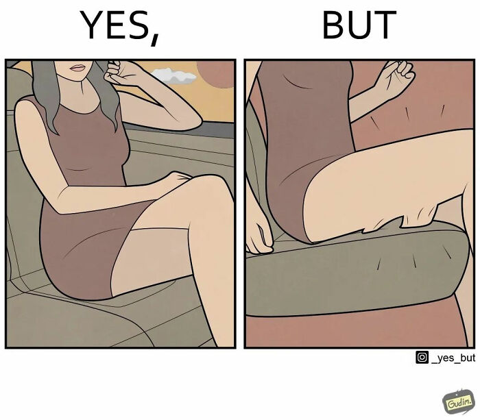 A "Yes, But" comic showing a woman in a brown dress sitting differently in two panels inside a car seat.