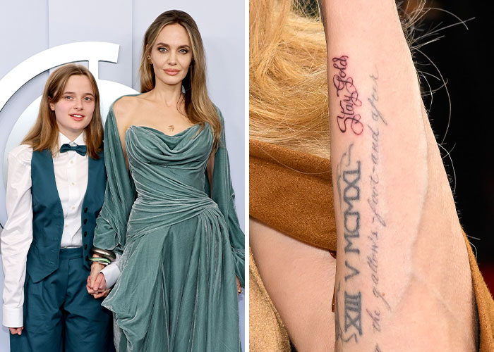 Angelina Jolie with her child at an event, paired with a close-up of a tattoo on the arm, highlighting celebrity parenting.