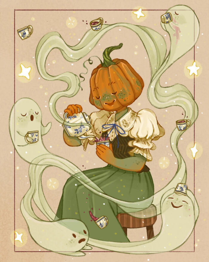 Whimsical illustration of a pumpkin-headed figure pouring tea surrounded by gentle ghostly spirits with floating teacups.