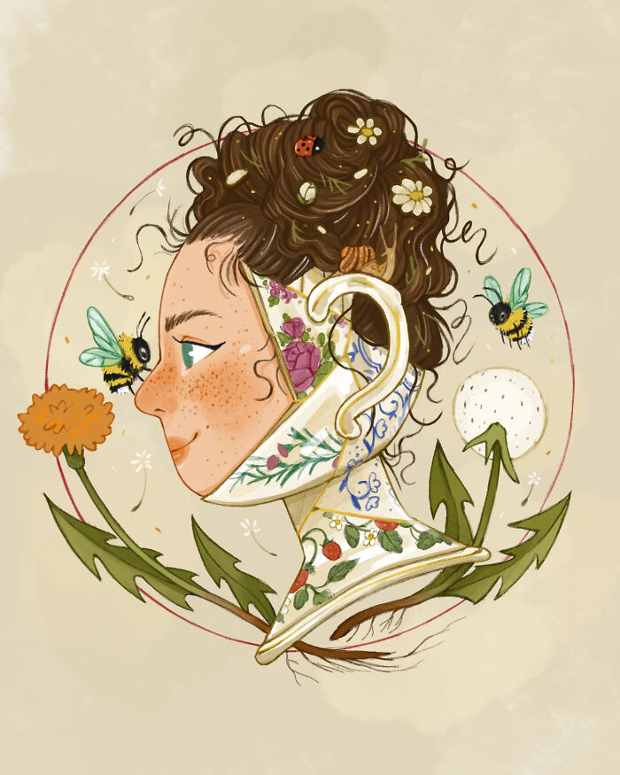 Gentle and charming illustration of a girl with floral teacup features surrounded by bees and dandelions by Italian artist.