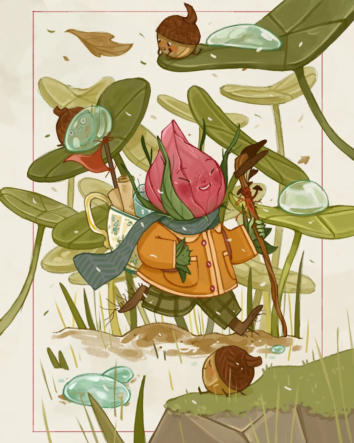 Charming illustration by Italian artist featuring a smiling flower character walking with acorns and leaves in nature.