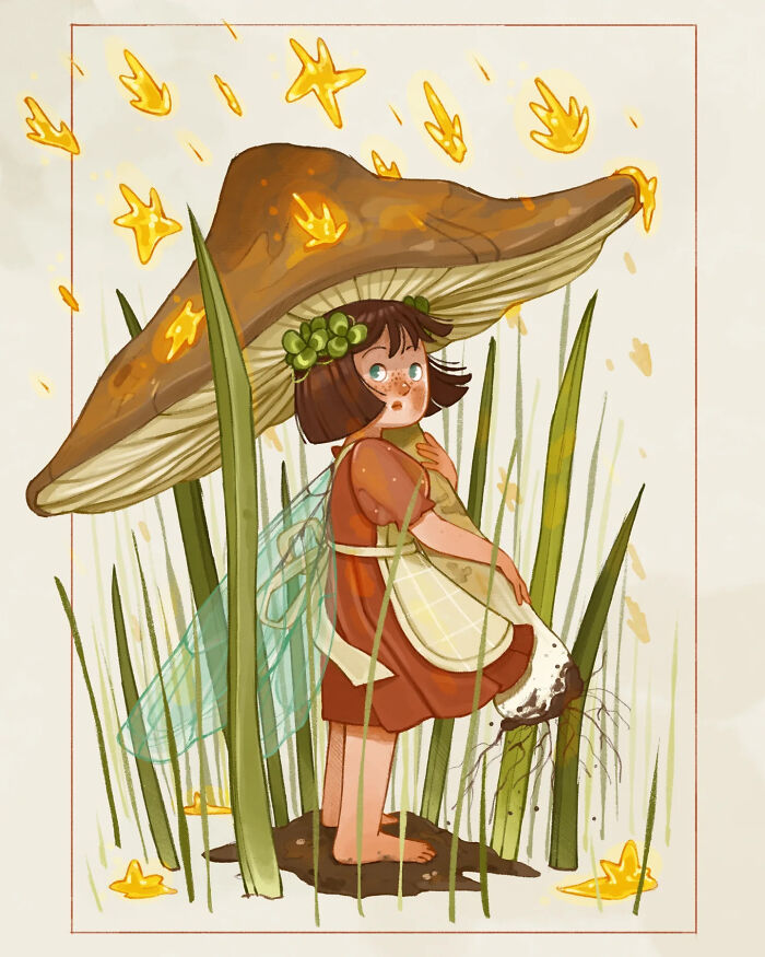 Gentle and charming illustration of a fairy girl with wings standing under a large mushroom surrounded by glowing stars.