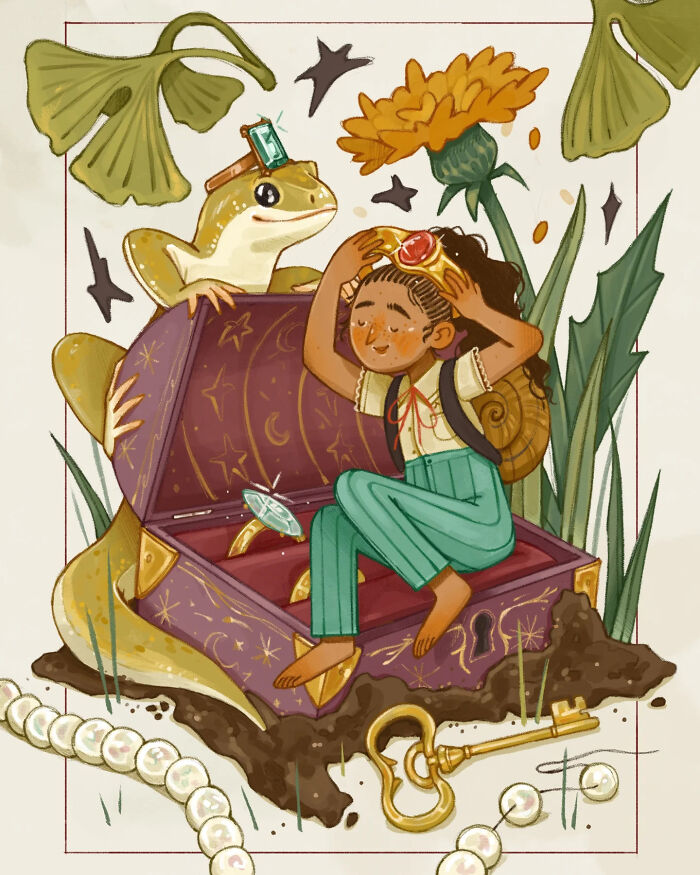 Gentle and charming illustration of a girl wearing a crown beside a treasure chest and a frog in a whimsical garden setting.