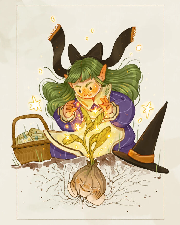 Illustration of a charming elf character with green hair nurturing a magical glowing plant, showcasing gentle and warm artistic style.