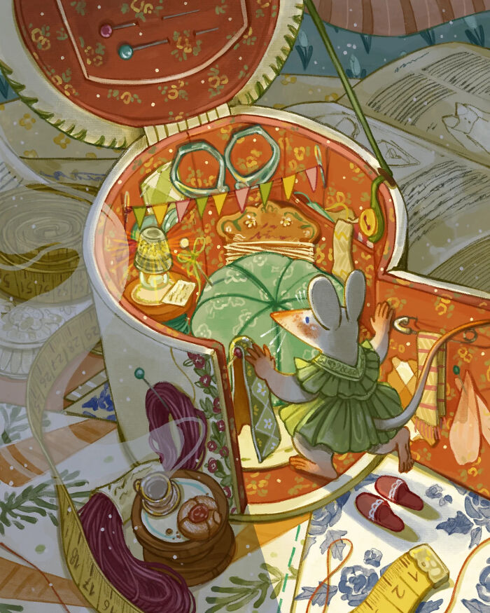 Charming illustration of a mouse inside a cozy sewing kit, showcasing gentle and warm artistic style.