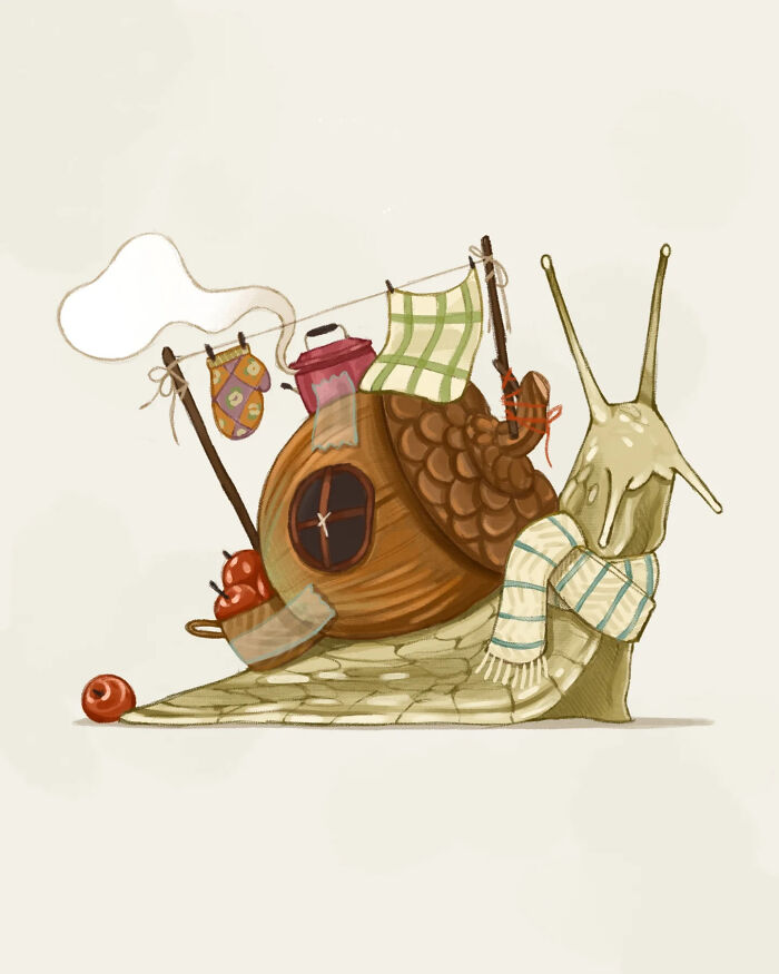 Whimsical illustration by Italian artist of a snail carrying a cozy home with warm and gentle charming details.