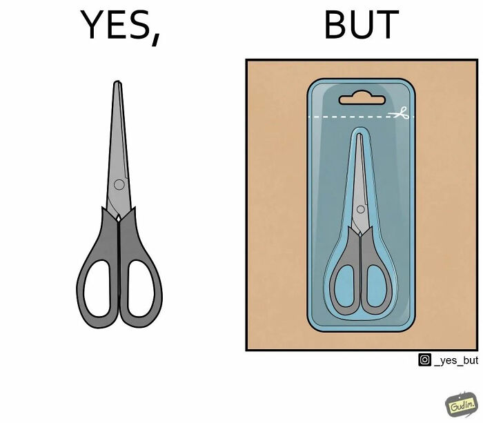 Pair of scissors shown outside their package labeled yes, and the same scissors sealed in plastic packaging labeled but, comic style.