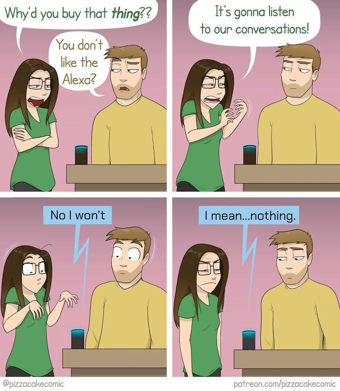 Couple arguing about Alexa listening to conversations in a relatable PizzaCake comic about family and life.