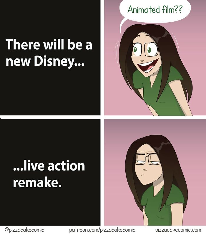 Cartoon woman reacts excited then disappointed to news about live action remake in PizzaCake comics about life and family.