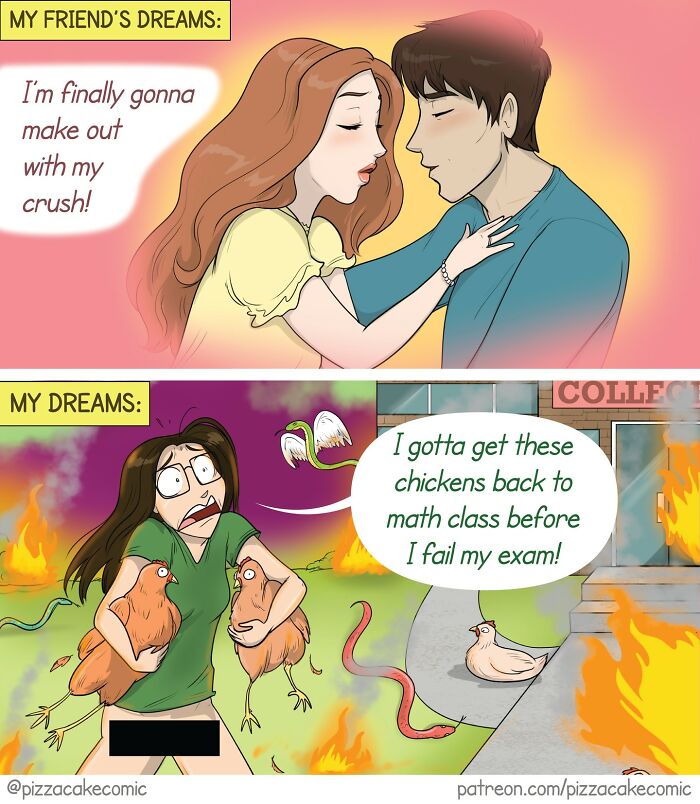 PizzaCake comic panels showing contrasting dreams with a girl about crush and chaotic chickens, capturing relatable humor.