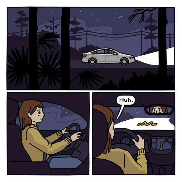 Woman driving at night through a forest road in a comic panel from playful nature and wildlife artwork series.
