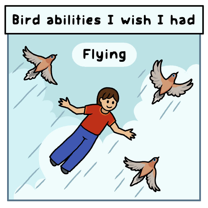 Cartoon showing a person flying with birds, illustrating playful comics about funny nature and wildlife moments.
