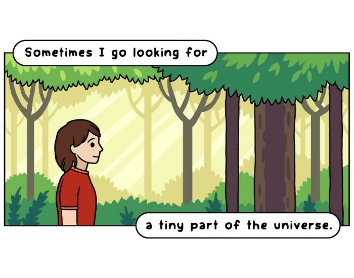 Cartoon of a person in a forest with text about looking for a tiny part of the universe, playful comics on nature and wildlife.