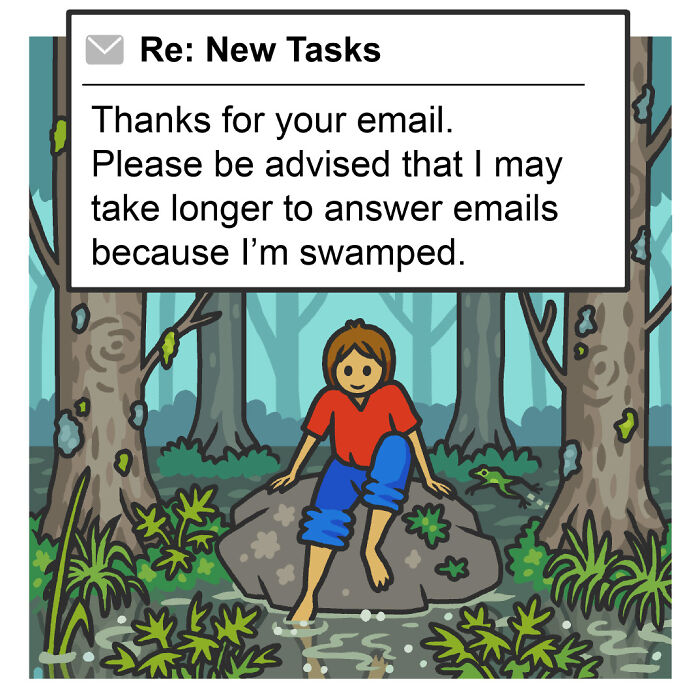 Playful comic showing a person sitting on a rock in a swamp with a message about being swamped in nature and wildlife.