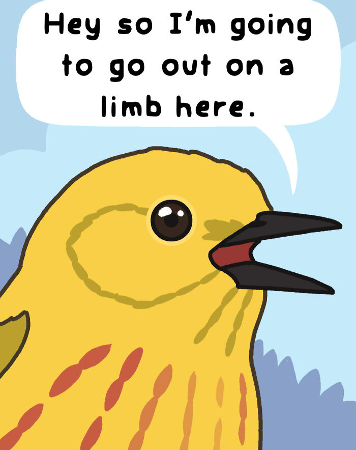 Yellow bird cartoon character with speech bubble showing playful comics about nature and wildlife humor.