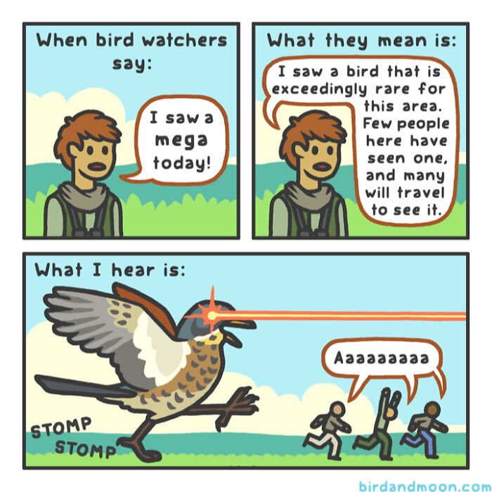 Comic strip showing bird watchers excited about spotting a rare bird and people humorously running from it with laser eyes.