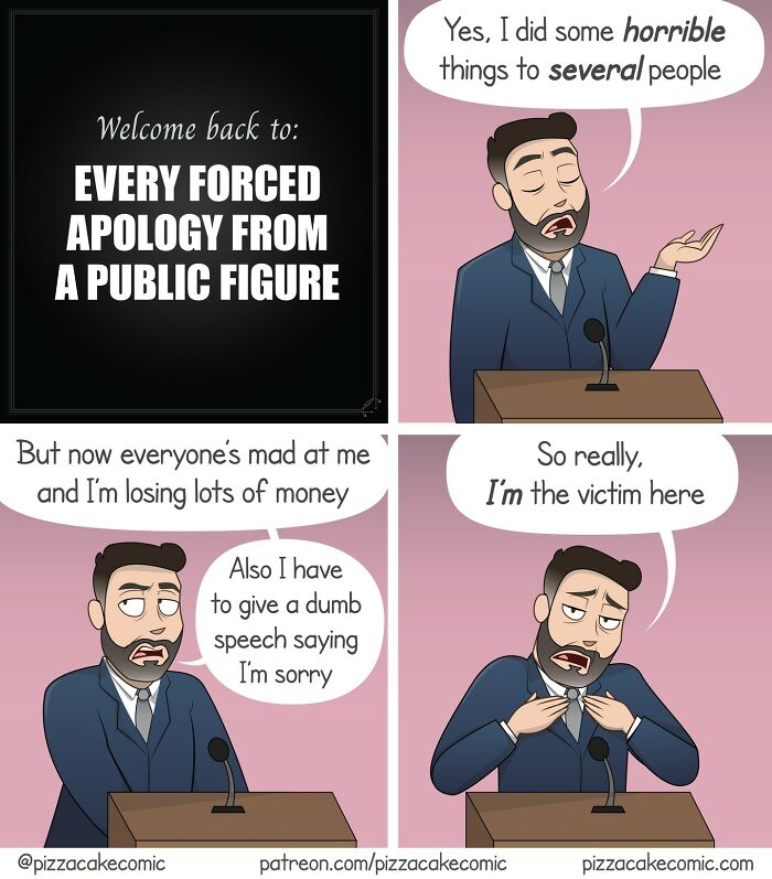 Comic panels showing a man giving a forced public apology, illustrating relatable humor from PizzaCake comics about family and life.
