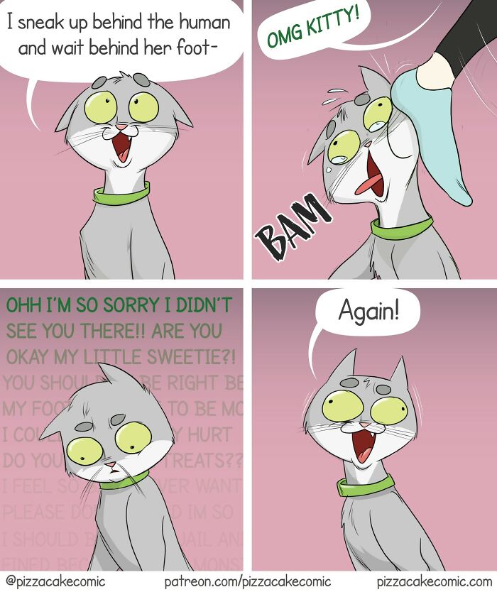 Comic shows a relatable cat sneaking behind a foot, getting stepped on, and reacting humorously in a pizza cake comic style.
