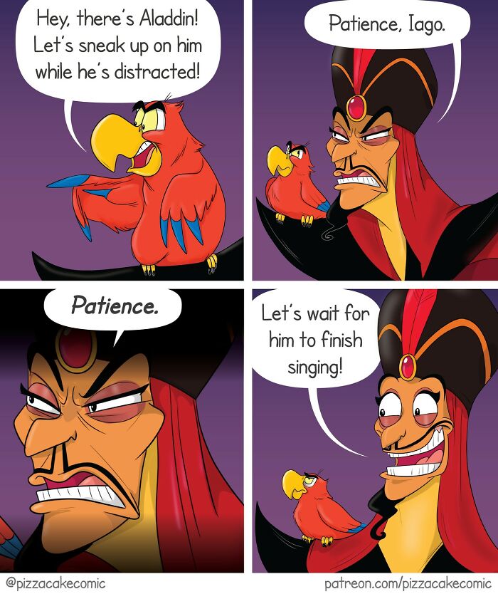 Comic strip featuring a parrot and a man discussing patience, capturing relatable humor from PizzaCake comics about family and life.