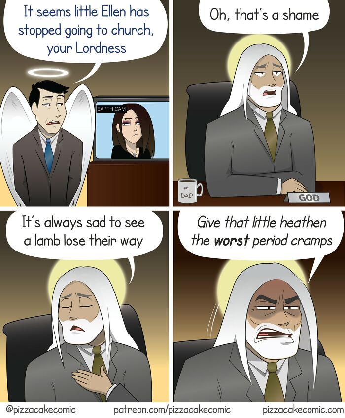 Comic panels showing a humorous PizzaCake scene about family and life, featuring a divine figure with witty dialogue.