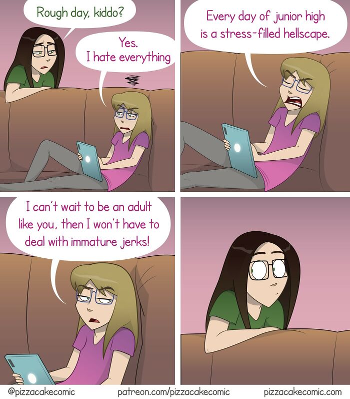 Cartoon comic from PizzaCake showing relatable family stress and teenage frustrations with junior high and adulthood.