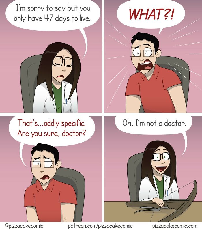 Comic strip showing a humorous conversation about life expectancy featuring relatable PizzaCake comics about family and cats.