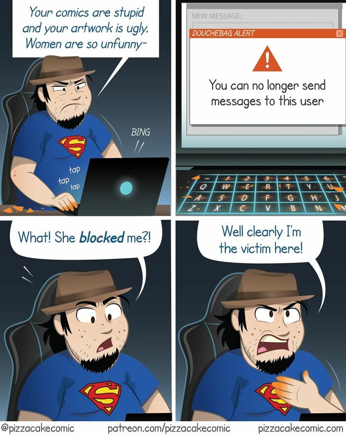 Man in a hat reacting in frustration to being blocked online in a PizzaCake comic about relatable life and social interactions.