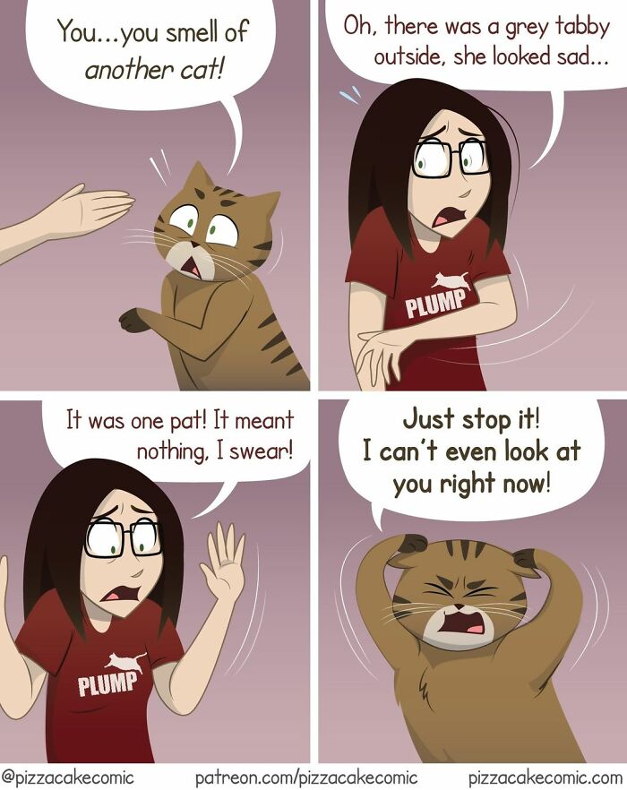 Cat and human in a relatable PizzaCake comic panel showing funny family and cat life moments.