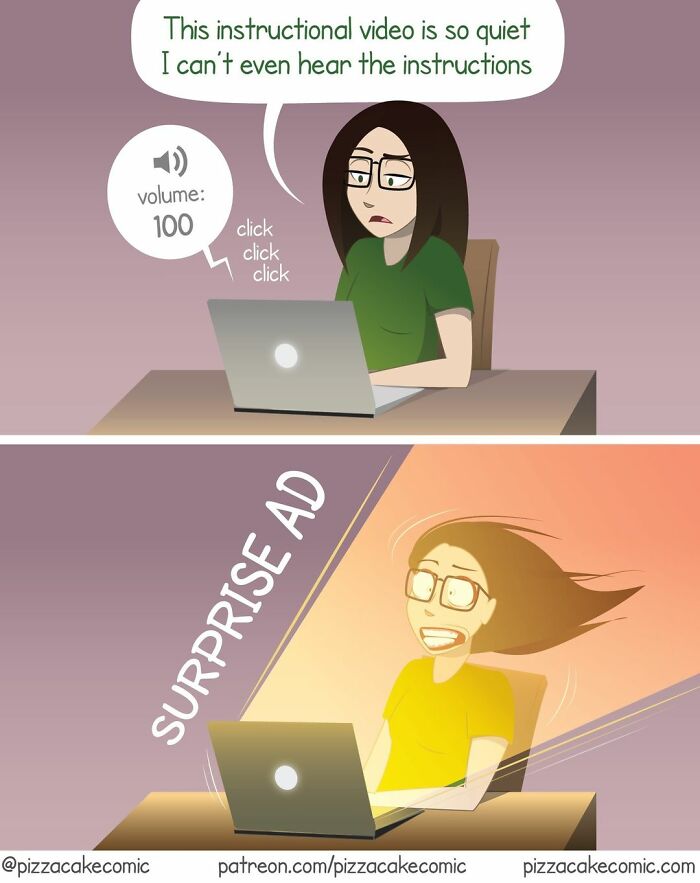 Woman watching a quiet instructional video on laptop, then startled by a loud surprise ad in this PizzaCake comic.
