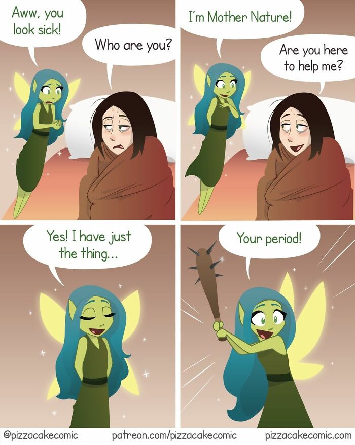 Comic strip showing a fairy representing Mother Nature offering help with a humorous twist, from PizzaCake comics about life.