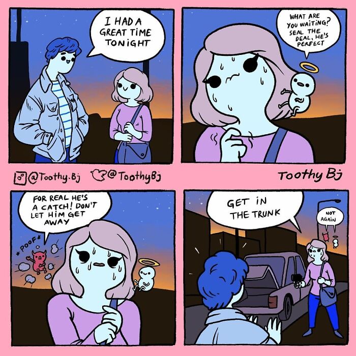 Four-panel Toothy Bj comic showing a girl with a ghost angel and devil debating while a blue-haired boy waits by a car.