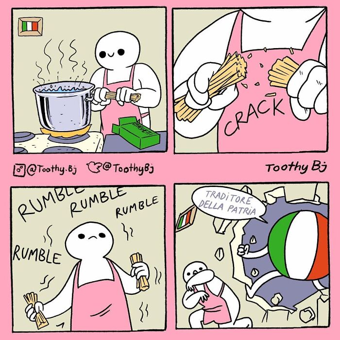 Toothy Bj comic showing character breaking spaghetti, then Italian flag crashing through wall with speech bubble.