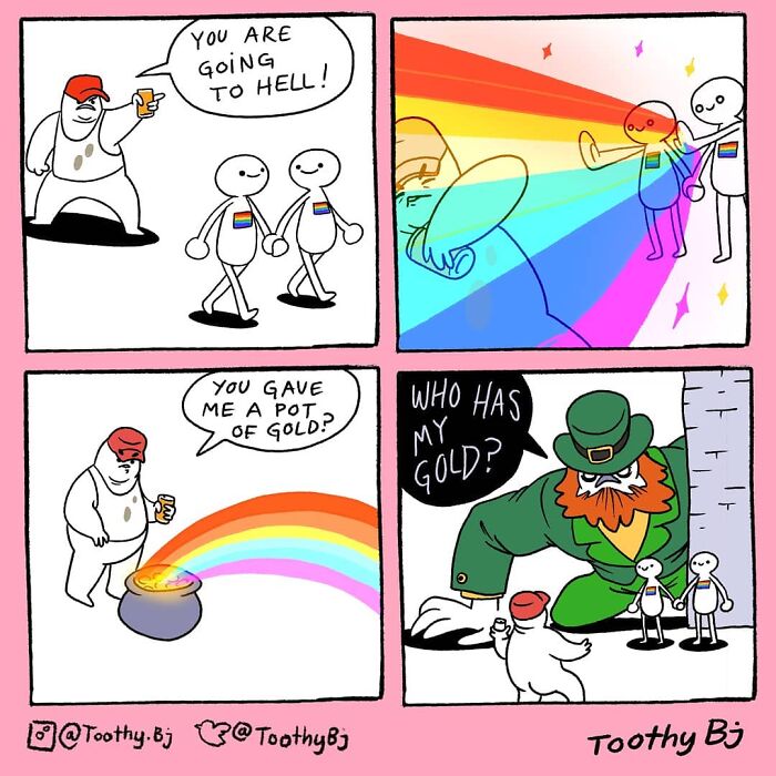 Cartoon by Toothy Bj showing a rainbow protecting two figures from a hostile man and a leprechaun demanding gold.