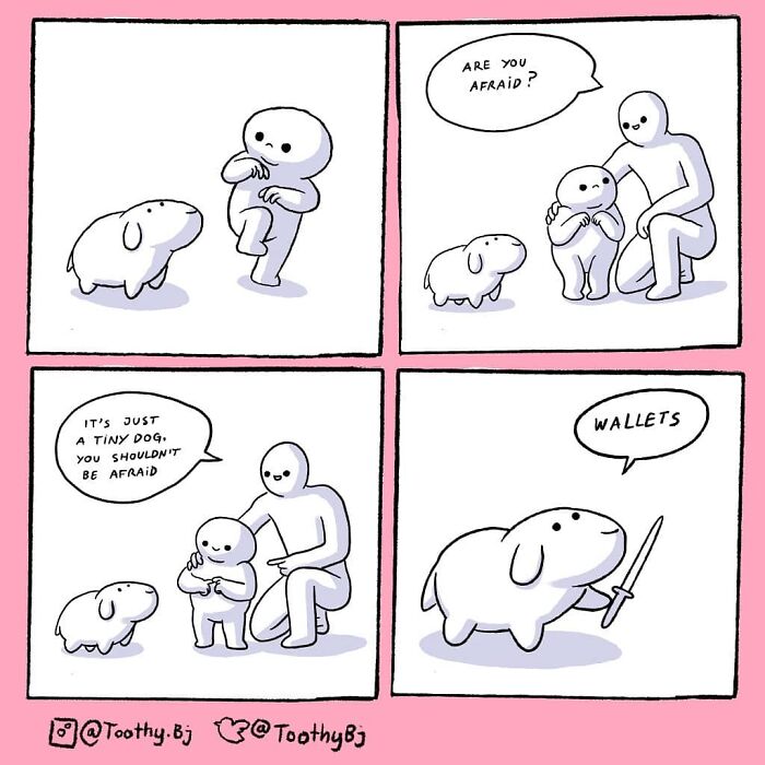 Comic strip by Toothy Bj showing a tiny dog holding a sword and a character comforting a scared child.