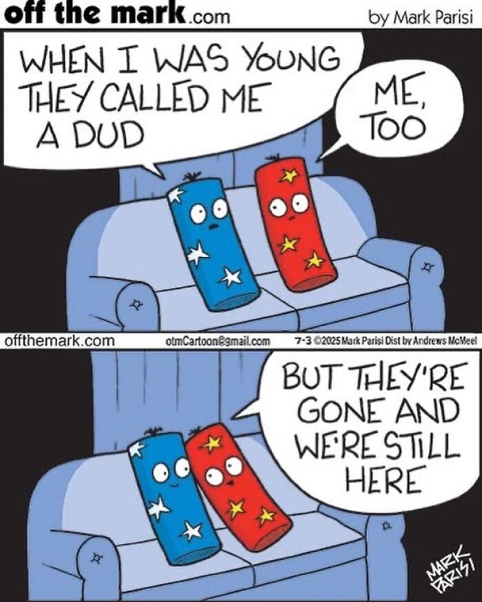 Two cartoon firecrackers on a couch sharing a humorous conversation in an award-winning cartoonist’s comic style.