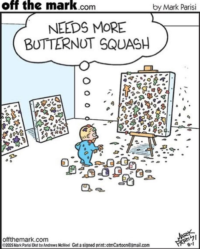 Cartoonist Mark’s humorous comic shows a baby painting abstract art with spilled paint jars around.