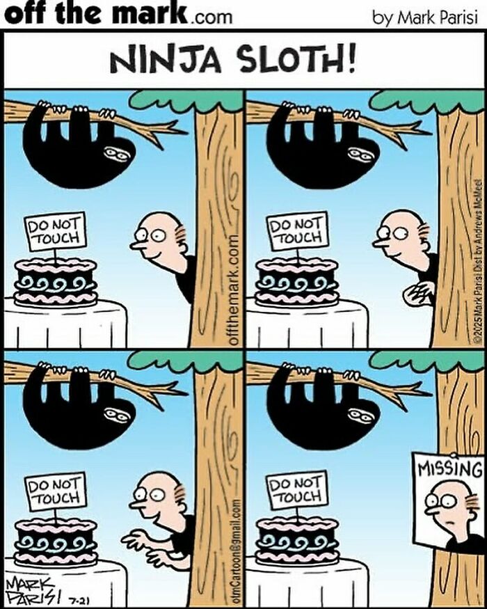 Cartoonist Mark's humorous comic strip featuring a ninja sloth stealing cake, showcasing his award-winning dog comics style.