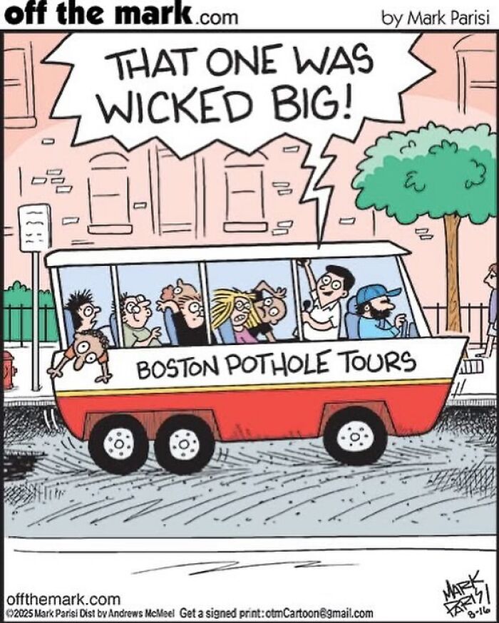 Cartoon by award-winning cartoonist Mark showing a bus full of people on a bumpy Boston pothole tour.