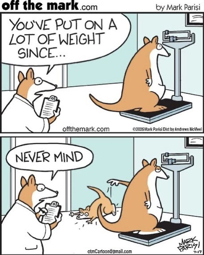 Cartoonist Mark's hilarious dog comic shows a kangaroo on a scale with a humorous weight joke in a veterinary office.