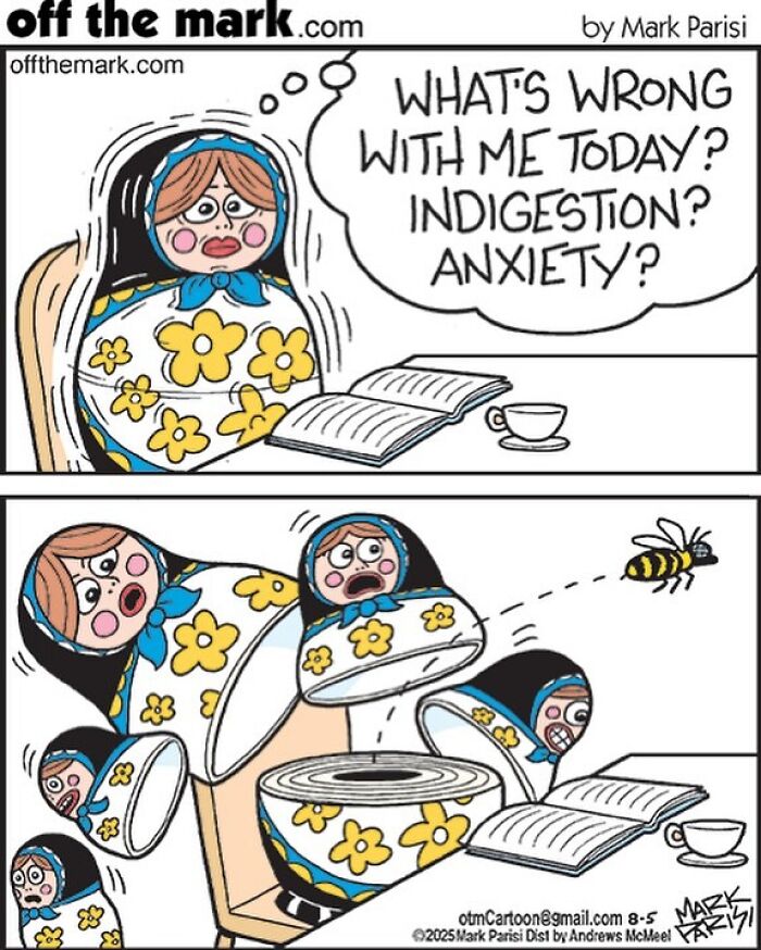Cartoon by award-winning cartoonist Mark showing a nesting doll reacting anxiously in a humorous comic style.