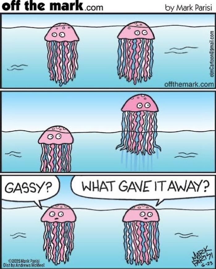 Cartoon jellyfish joke by award-winning cartoonist Mark, known for his hilarious dog comics and comic interviews.