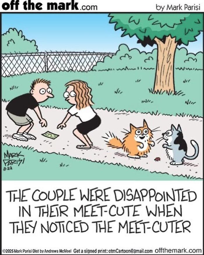 Cartoon by award-winning artist Mark showing a funny dog comic scene with a couple and two surprised dogs outside.